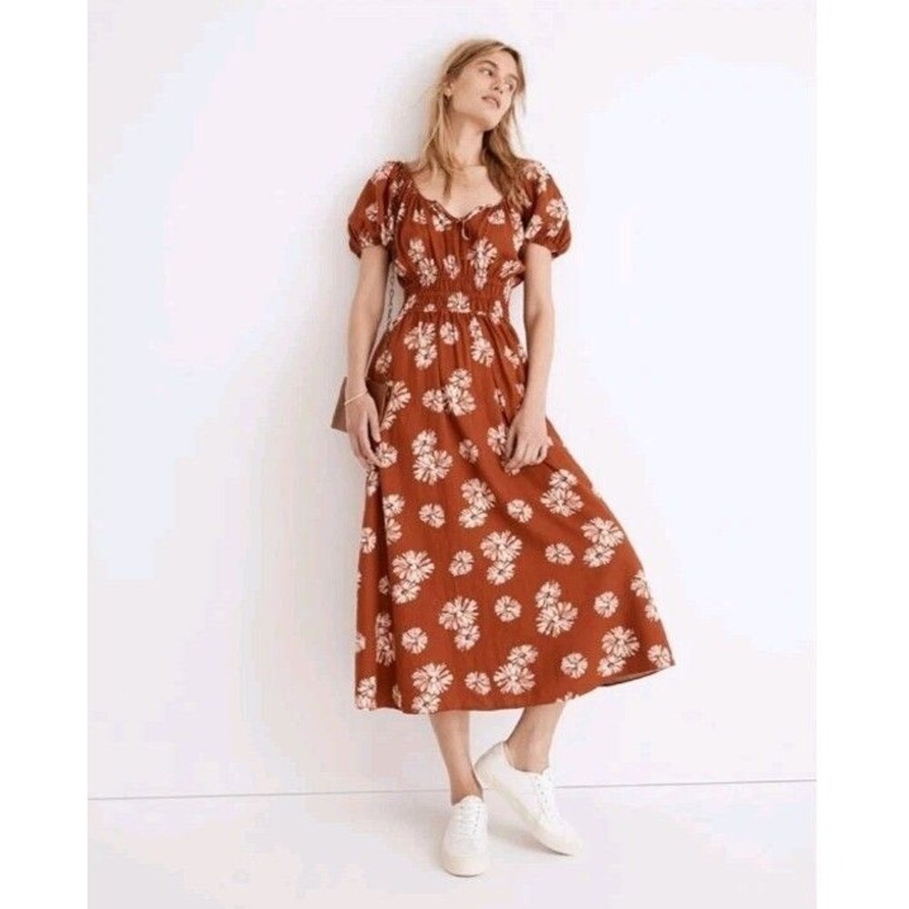 Madewell Sophia Linen Blend Floral Puff Sleeve Midi Dress Rusty Torch Orange NWT